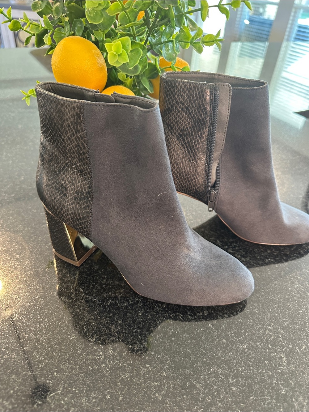 Women's Suede Ankle Booties with Textured snakeskin Back Panel